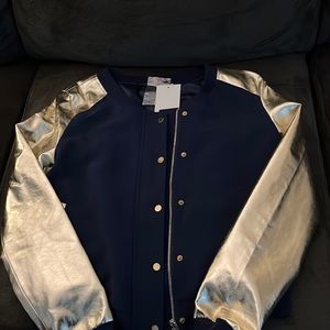 Cute lightweight crop bomber jacket material navy blue and gold sleeveless. New